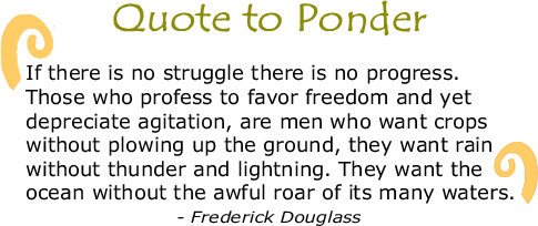 Quote to Ponder:  “If there is no struggle there is no progress. Those who profess to favor freedom and yet depreciate agitation, are men who want crops without plowing up the ground, they want rain without thunder and lightning. They want the ocean without the awful roar of its many waters." - Frederick Douglass
