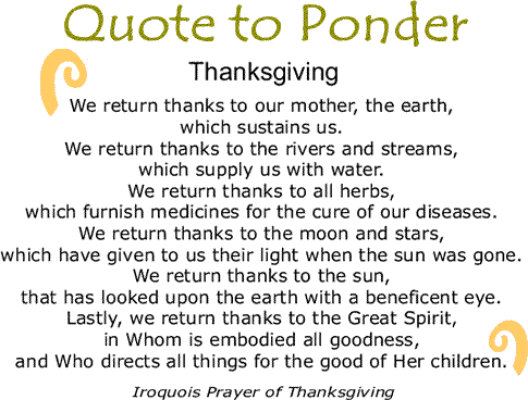 BlackCommentator.com: Quote to Ponder:  “Thanksgiving - We return thanks to our mother, the earth, which sustains us. We return thanks to the rivers and streams, which supply us with water.  We return thanks to all herbs, which furnish medicines for the cure of our diseases. We return thanks to the moon and stars, which have given to us their light when the sun was gone. We return thanks to the sun, that has looked upon the earth with a beneficent eye. Lastly, we return thanks to the Great Spirit, in Whom is embodied all goodness, and Who directs all things for the good of Her children." - Iroquois Prayer of Thanksgiving