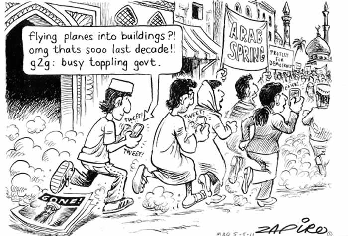 BlackCommentator.com: Political Cartoon - Tweeting for Democracy By Zapiro, South Africa