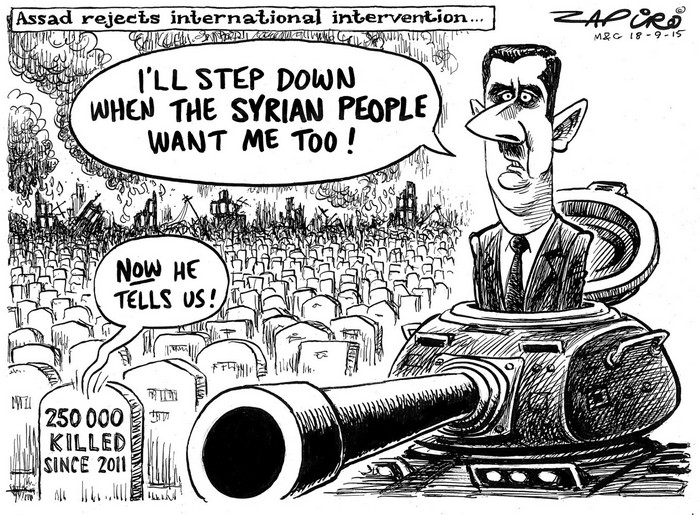 BlackCommentator.com September 24, 2015 - Issue 622: Too Late to Step Down, Assad - Political Cartoon By Zapiro, South Africa