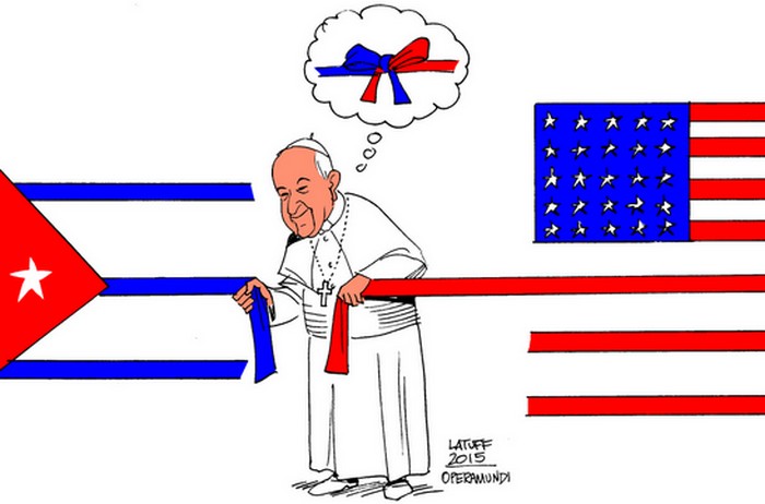 BlackCommentator.com October 01, 2015 - Issue 623: The Pope and Cuba - Political Cartoon By Carlos Latuff, Rio de Janeiro Brazil