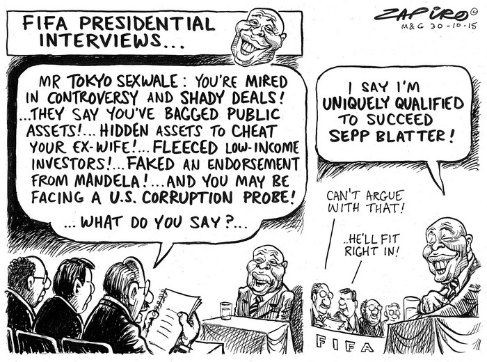 BlackCommentator.com November 05, 2015 - Issue 628: FIFA Presidential Interviews - Political Cartoon By Zapiro, South Africa