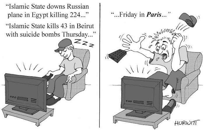 BlackCommentator.com November 19, 2015 - Issue 630: Paris is the Big News - Political Cartoon By Mark Hurwitt, Brooklyn NY