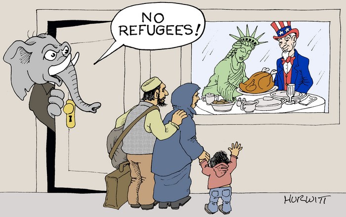 BlackCommentator.com November 26, 2015 - Issue 631: Thanksgiving Refugees - Political Cartoon By Mark Hurwitt, Brooklyn NY