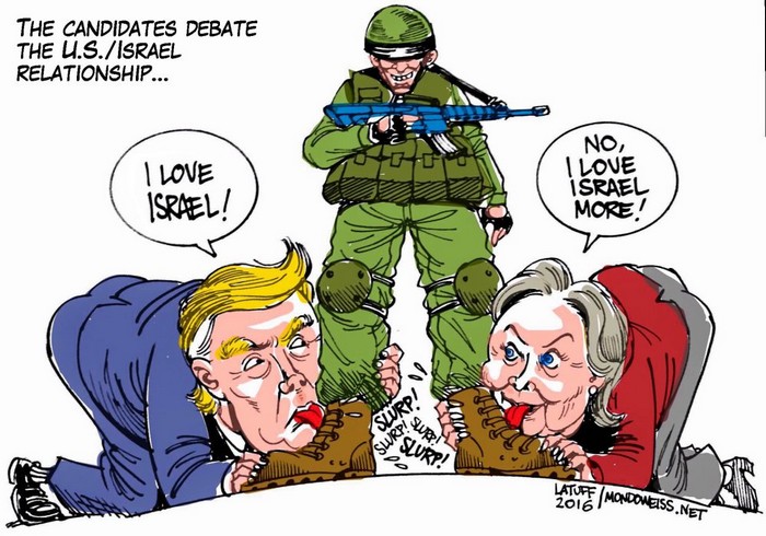 BlackCommentator.com January 28, 2016 - Issue 638: Trump Hillary - Israel - Political Cartoon By Carlos Latuff, Rio de Janeiro Brazil