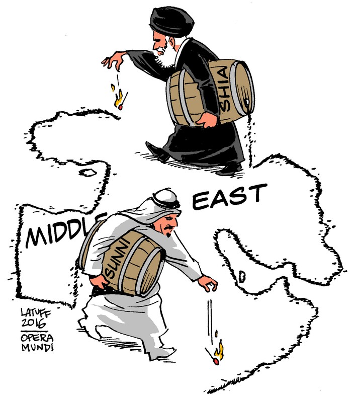 BlackCommentator.com February 04, 2016 - Issue 639: Saudi Arabia - Iran, Sunni - Shia Middle East - Political Cartoon By Carlos Latuff, Rio de Janeiro Brazil