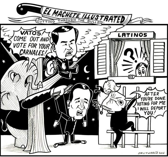 BlackCommentator.com February 11, 2016 - Issue 640: Courting Latinos - Political Cartoon By Eric Garcia, Chicago IL