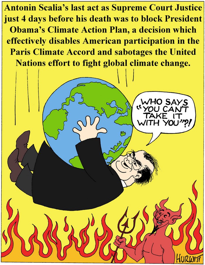 BlackCommentator.com February 18, 2016 - Issue 641: Scalia's Last Act - Political Cartoon By Mark Hurwitt, Brooklyn NY