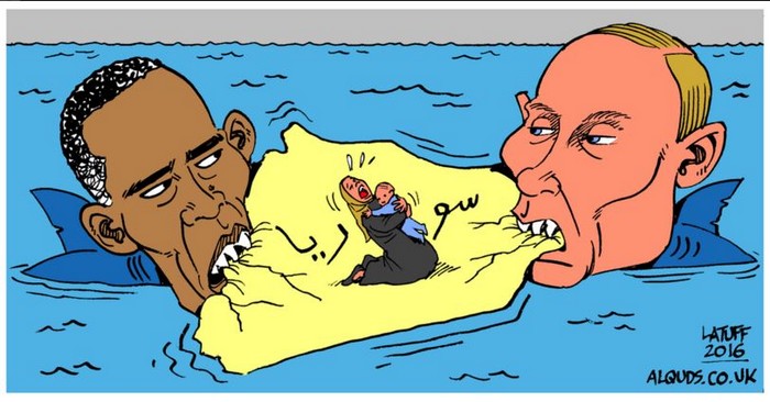 BlackCommentator.com February 18, 2016 - Issue 641: Obama and Putin - Syria Truce - Political Cartoon By Carlos Latuff, Rio de Janeiro Brazil