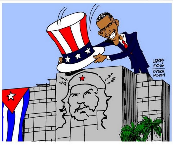 BlackCommentator.com March 24, 2016 - Issue 646: Obama in Cuba - Political Cartoon By Carlos Latuff, Rio de Janeiro Brazil