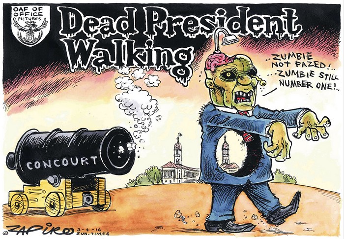 BlackCommentator.com April 07, 2016 - Issue 648: Zombified - Zuma: A Dead President Walking Political Cartoon By Zapiro, South Africa