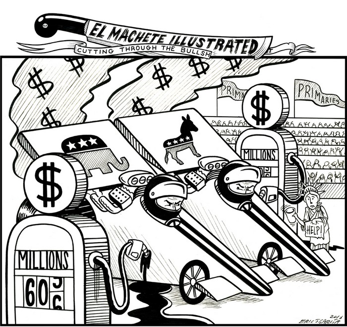 BlackCommentator.com April 28, 2016 - Issue 651: Campaign Fuel - Political Cartoon By Eric Garcia, Chicago IL