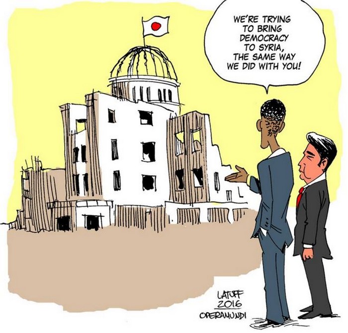 BlackCommentator.com May 12, 2016 - Issue 653: President Obama in Hiroshima - Political Cartoon By Carlos Latuff, Rio de Janeiro Brazil