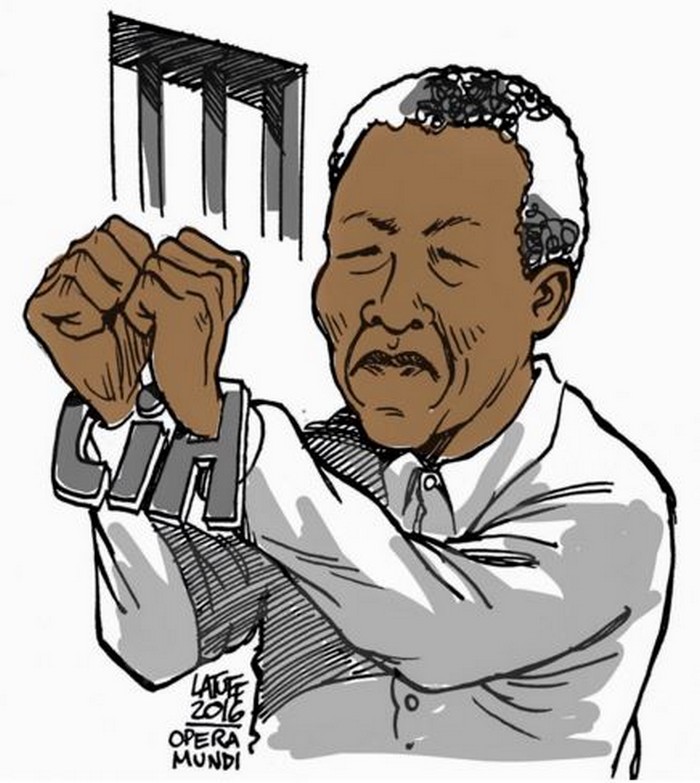 BlackCommentator.com May 26, 2016 - Issue 655: CIA Responsible for Mandela Arrest as "Terrorist" - Political Cartoon By Carlos Latuff, Rio de Janeiro Brazil