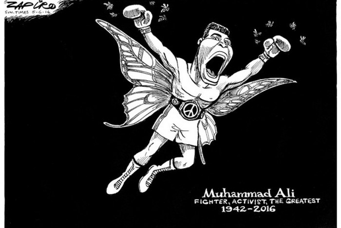 BlackCommentator.com June 09, 2016 - Issue 657: Float like a butterfly, sting like a bee - Political Cartoon By Zapiro, South Africa