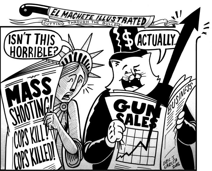 BlackCommentator.com July 14, 2016 - Issue 662: Gun Sales - Political Cartoon By Eric Garcia, Chicago IL