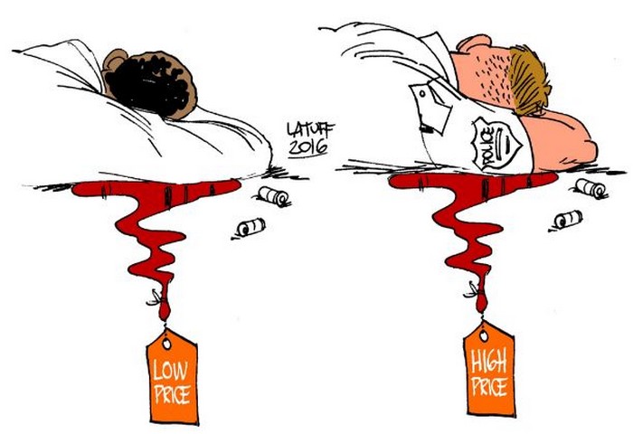 BlackCommentator.com July 21, 2016 - Issue 663: Which Life Has More Value? - Political Cartoon By Carlos Latuff, Rio de Janeiro Brazil