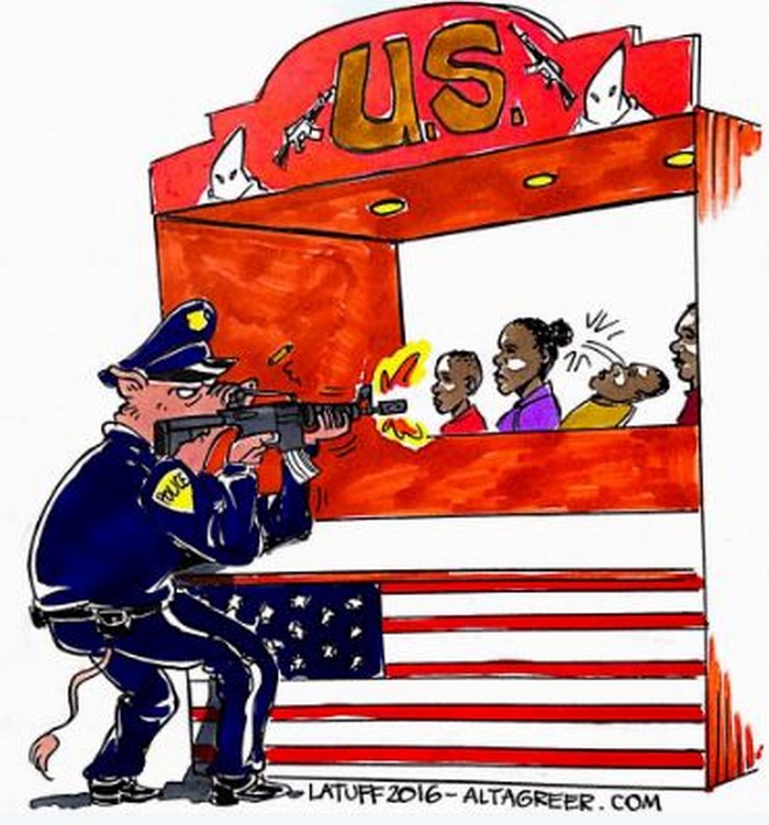 BlackCommentator.com September 29, 2016 - Issue 668: Just Another Black Man Killed by Cops in the US - Political Cartoon By Carlos Latuff, Rio de Janeiro Brazil