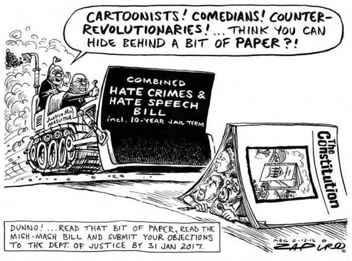 BlackCommentator.com December 08, 2016 - Issue 678: South African Hate Speech Bill - Political Cartoon By Zapiro, South Africa