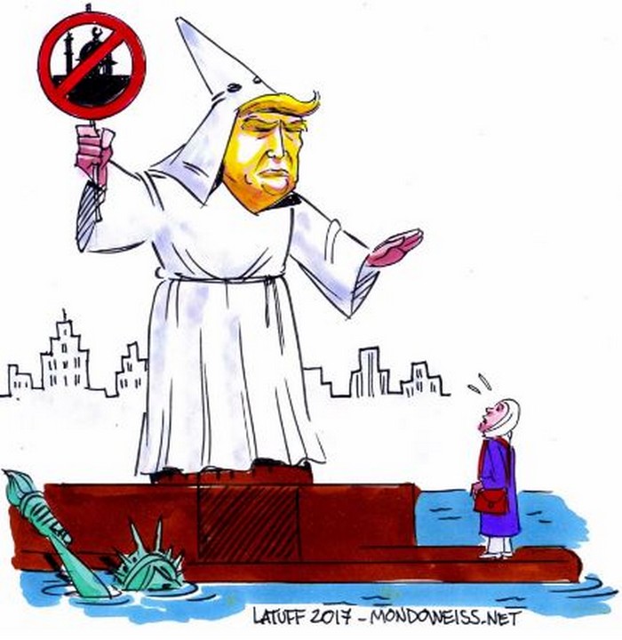 BlackCommentator.com February 02, 2017 - Issue 684: Trump's Muslim Ban - Political Cartoon By Carlos Latuff, Rio de Janeiro Brazil
