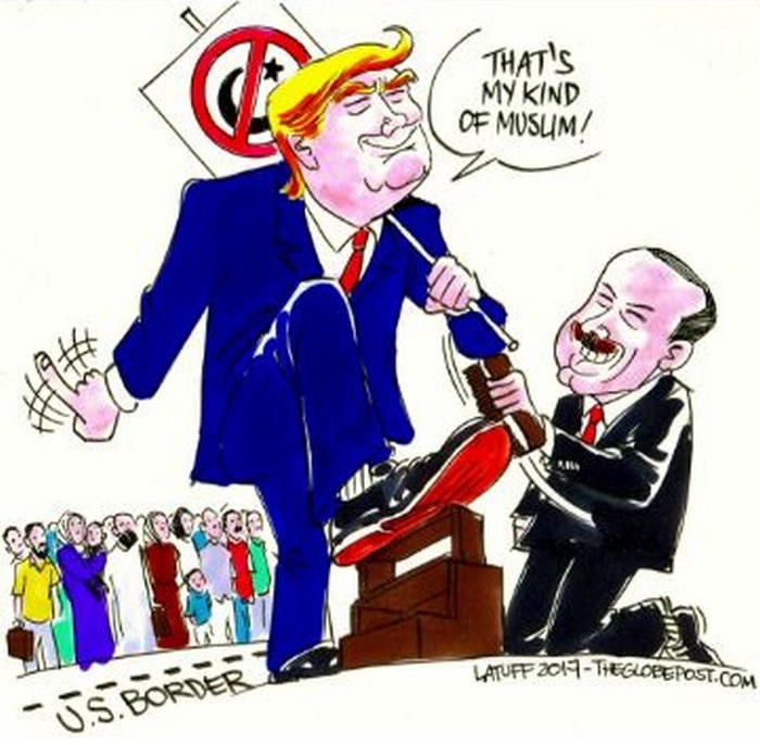 BlackCommentator.com February 09, 2017 - Issue 685: Not ALL Muslims Are Banned in the U.S. - Example: the House Muslim - Erdogan of Turkey - Political Cartoon By Carlos Latuff, Rio de Janeiro Brazil