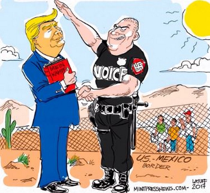 BlackCommentator.com March 09, 2017 - Issue 689: Trump VOICE Program - Political Cartoon By Carlos Latuff, Rio de Janeiro Brazil
