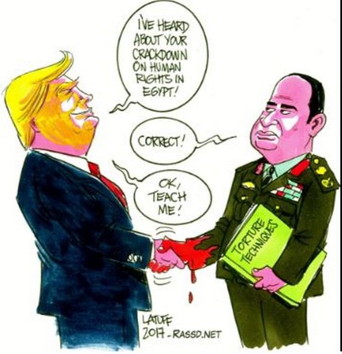 BlackCommentator.com April 06, 2017 - Issue 693: Trump Gets Human Rights Lesson from Egypt - Political Cartoon By Carlos Latuff, Rio de Janeiro Brazil