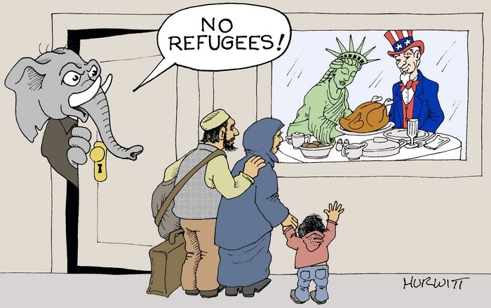BlackCommentator.com November 23, 2017 - Issue 719: Thanksgiving Refugees - Political Cartoon By Mark Hurwitt, Brooklyn NY