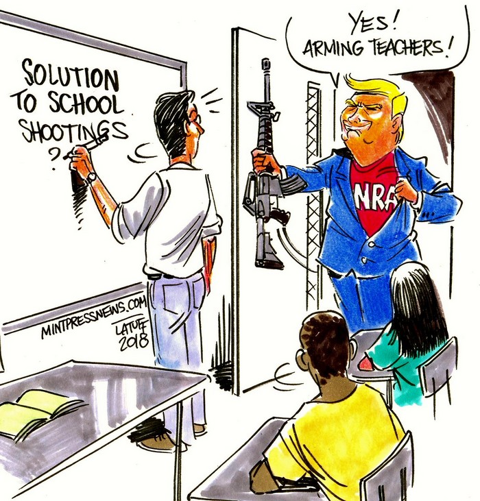 BlackCommentator.com March 01, 2018 - Issue 731: Arm Teachers - Political Cartoon By Carlos Latuff, Rio de Janeiro Brazil