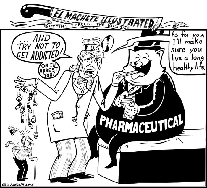 BlackCommentator.com July 26, 2018 - Issue 752: Raining Drugs - Political Cartoon By Eric Garcia, Chicago IL