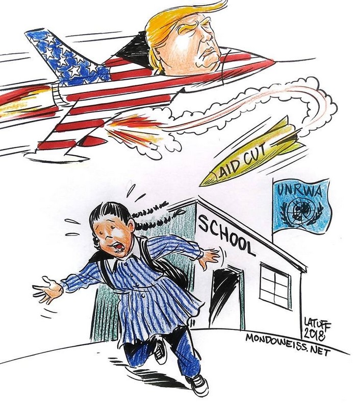 BlackCommentator.com September 13, 2018 - Issue 755: Trump Cuts Palestine Refugee Aid - Political Cartoon By Carlos Latuff, Rio de Janeiro Brazil
