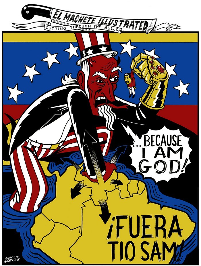 BlackCommentator.com February 07, 2019 - Issue 775: Venezuela -  Ifuera Tio Sam (Get Out, Uncle Sam) - Political Cartoon By Eric Garcia, Chicago IL