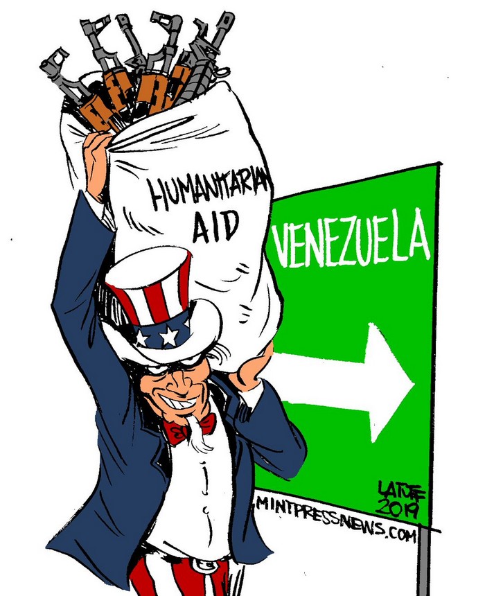 BlackCommentator.com February 28, 2019 - Issue 778: U.S. Humanitarian Aid to Venezuela - Political Cartoon By Carlos Latuff, Rio de Janeiro Brazil