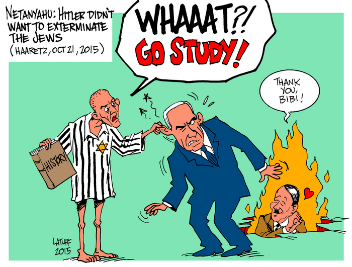 BlackCommentator.com April 11, 2019 - Issue 784: Netanyahu Believes Hitler Did Not Want to Exterminate Jews - Political Cartoon By Carlos Latuff, Rio de Janeiro Brazil