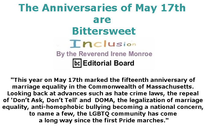BlackCommentator.com May 23, 2019 - Issue 790: The Anniversaries of May 17th are Bittersweet - Inclusion By The Reverend Irene Monroe, BC Editorial Board