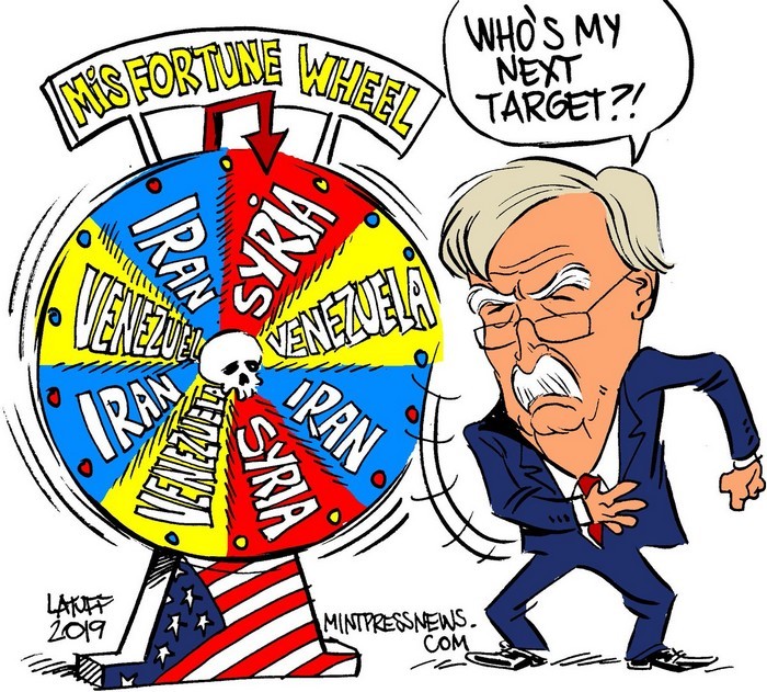 BlackCommentator.com May 30, 2019 - Issue 791: Who's Next in John Bolton's Deadly and Dirty Game? - Political Cartoon By Carlos Latuff, Rio de Janeiro Brazil