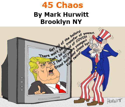 BlackCommentator.com Oct 8, 2020 - Issue 836: 45 Chaos - Political Cartoon By Mark Hurwitt, Brooklyn NY
