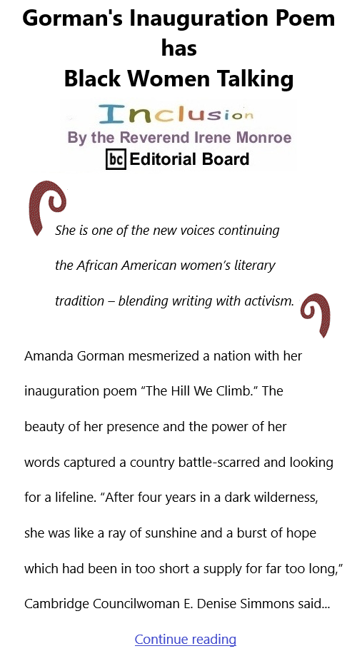 BlackCommentator.com Jan 28, 2021 - Issue 850: Gorman's Inauguration Poem has Black Women Talking - Inclusion By The Reverend Irene Monroe, BC Editorial Board