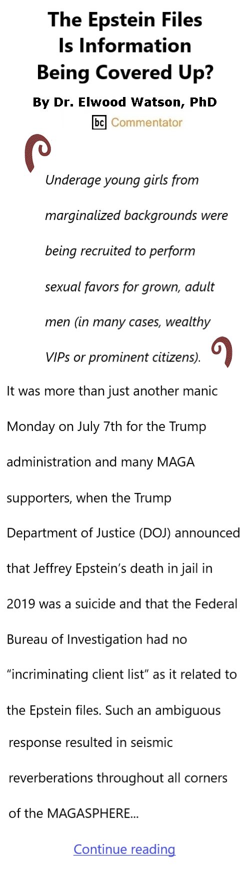 BlackCommentator.com July 17, 2025 - Issue 1050: The Epstein Files - Is Information Being Covered Up? By Dr. Elwood Watson, PhD BC Commentator