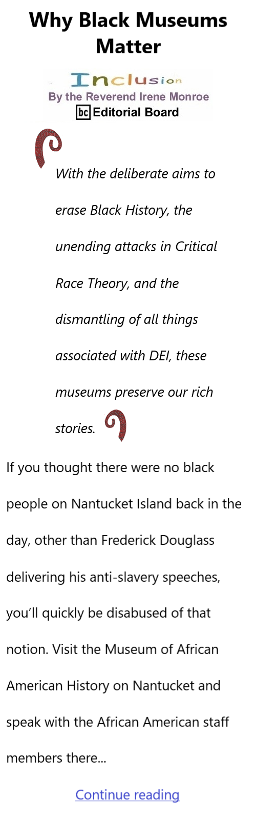 BlackCommentator.com July 24, 2025 - Issue 1051: Why Black Museums Matter - Inclusion By The Reverend Irene Monroe, BC Editorial Board