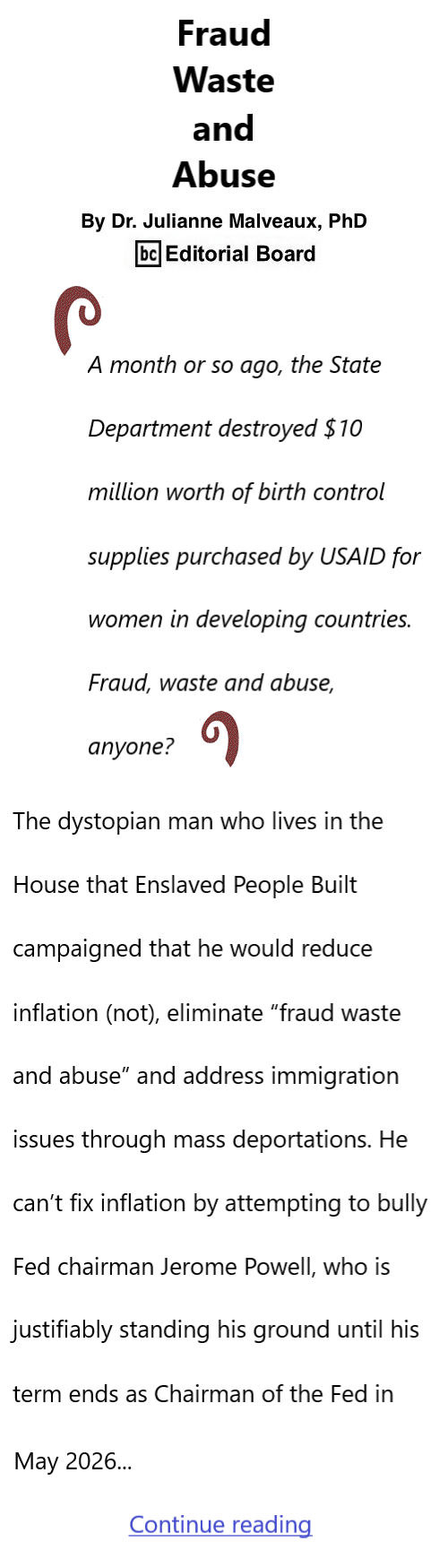 BlackCommentator.com August 1, 2025 - Issue 1052: Fraud, Waste and Abuse By Dr. Julianne Malveaux, PhD, BC Editorial Board