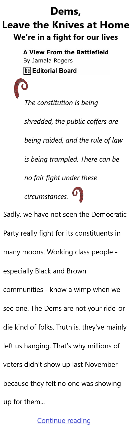 BlackCommentator.com September 6, 2025 - Issue 1053: Dems, Leave the Knives at Home - View from the Battlefield By Jamala Rogers, BC Editorial Board