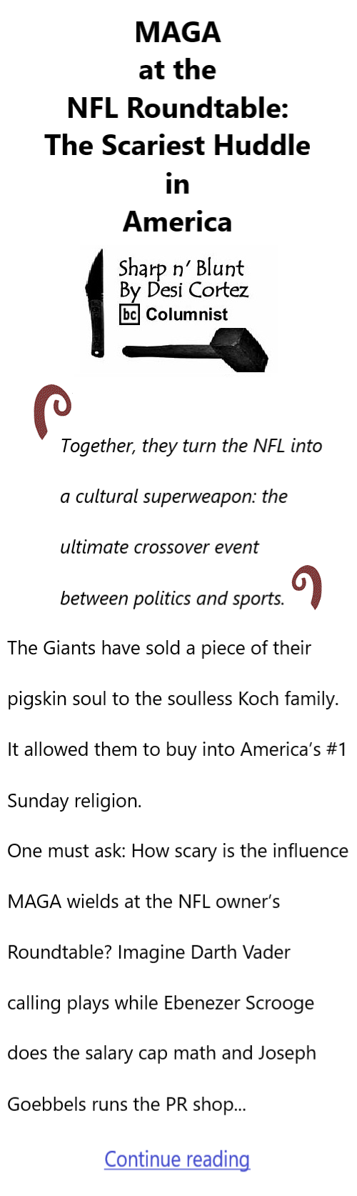 BlackCommentator.com September 11, 2025 - Issue 1054: MAGA at the NFL Roundtable: The Scariest Huddle in America - Sharp n' Blunt By Desi Cortez, BC Columnist