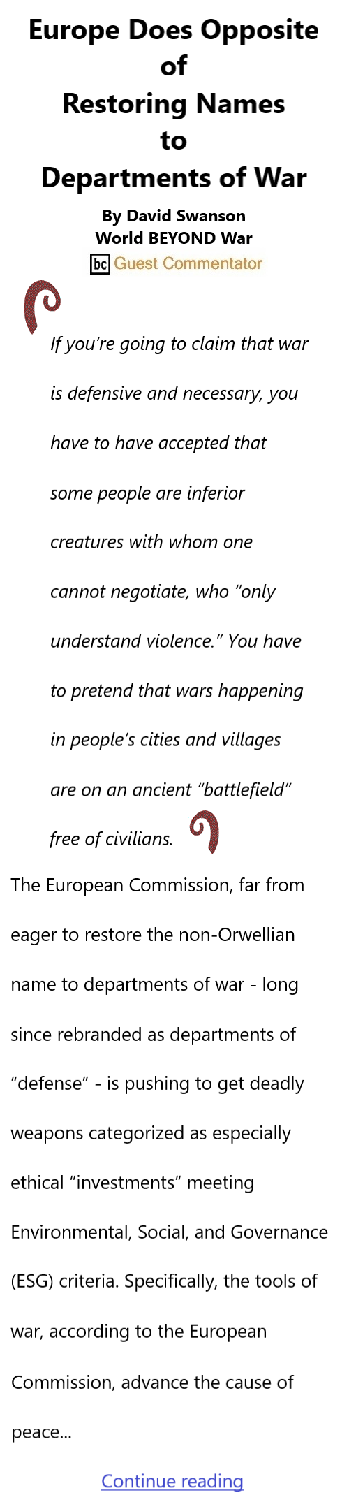 BlackCommentator.com September 11, 2025 - Issue 1054: Europe Does Opposite of Restoring Names to Departments of War By David Swanson, BC Guest Commentator