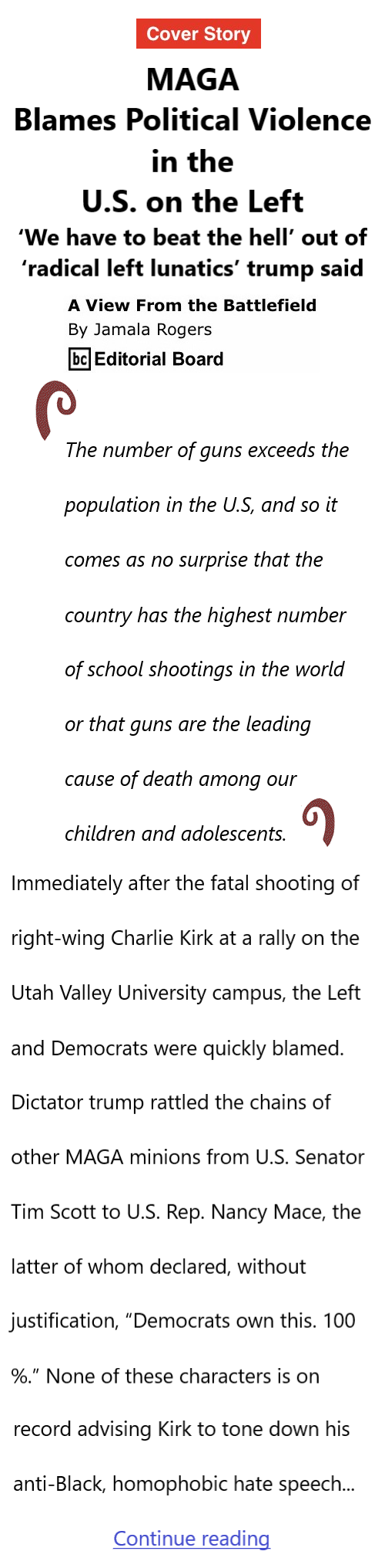 BlackCommentator.com September 18, 2025 - Issue 1055: Cover Story - MAGA Blames Political Violence in the U.S. on the Left - View from the Battlefield By Jamala Rogers, BC Editorial Board