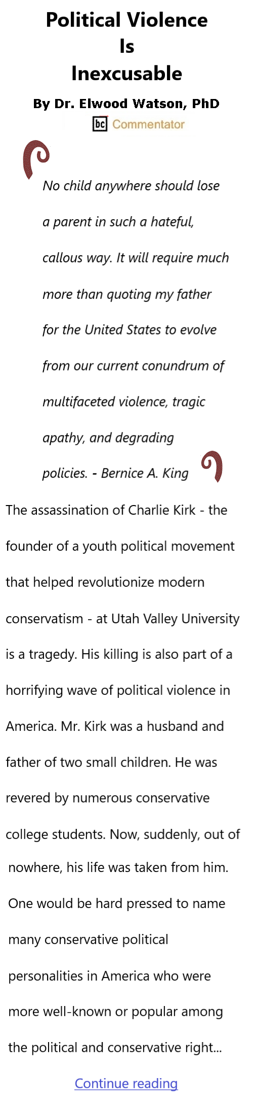 BlackCommentator.com September 18, 2025 - Issue 1055: Political Violence Is Inexcusable By Dr. Elwood Watson, PhD BC Commentator