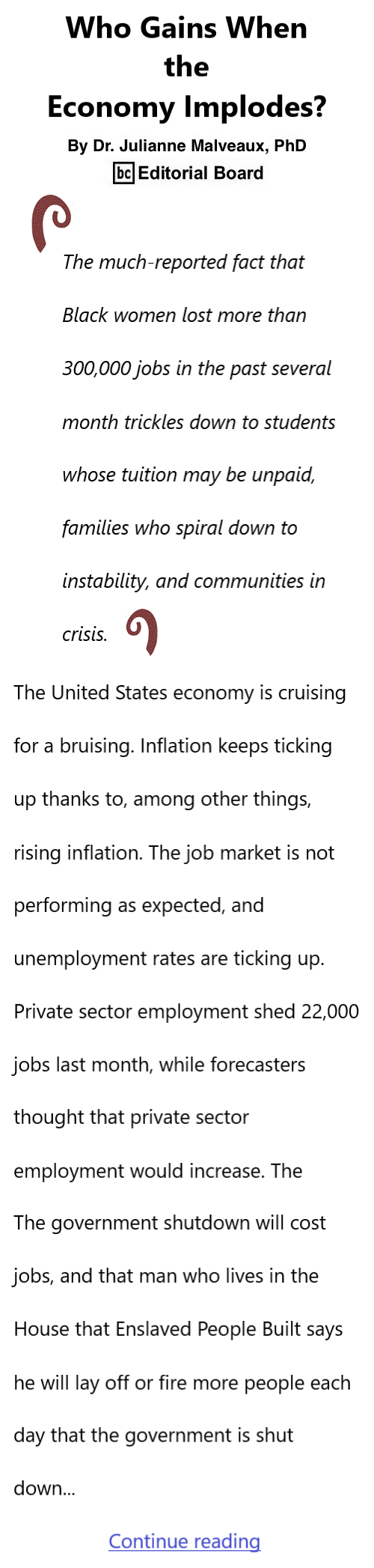 BlackCommentator.com October 2, 2025 - Issue 1057: Who Gains When the Economy Implodes? By Dr. Julianne Malveaux, PhD, BC Editorial Board