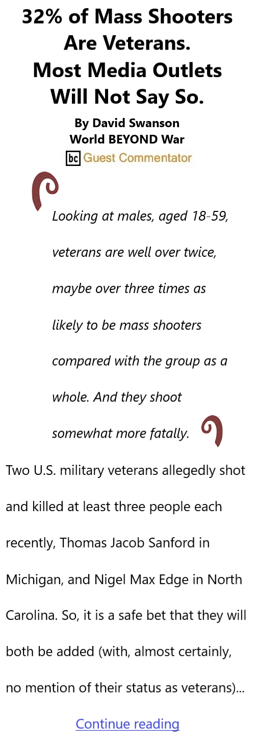 BlackCommentator.com October 2, 2025 - Issue 1057: 32% of Mass Shooters Are Veterans. Most Media Outlets Will Not Say So. By David Swanson, BC Guest Commentator