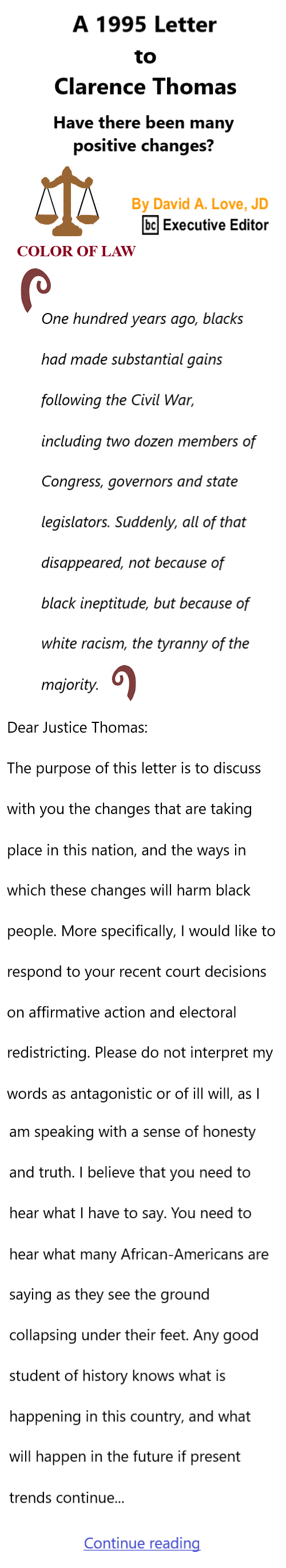 BlackCommentator.com October 9, 2025 - Issue 1058: A Letter to Clarence Thomas - Color of Law By David A. Love, JD, BC Executive Editor