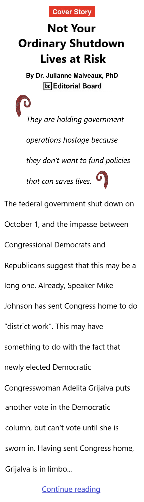 BlackCommentator.com October 9, 2025 - Issue 1058: Cover Story - Not Your Ordinary Shutdown – Lives at Risk By Dr. Julianne Malveaux, PhD, BC Editorial Board